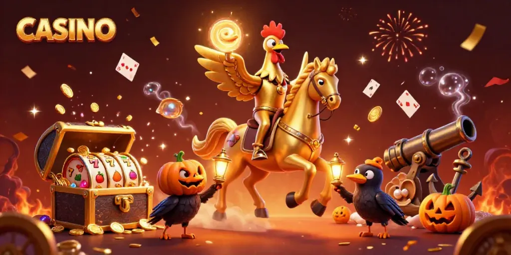 Experience the dazzling atmosphere of the CASINO with a golden rooster and enchanting companions.