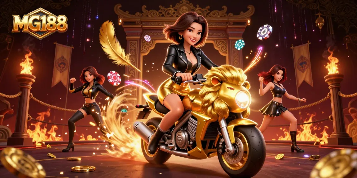 Experience thrilling gaming action with MG188, featuring a glamorous character riding a golden lion amidst vibrant casino elements.