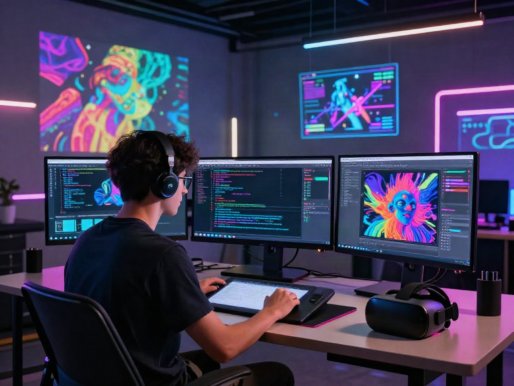 NSFW AI content creation in a futuristic tech workspace with vibrant designs.