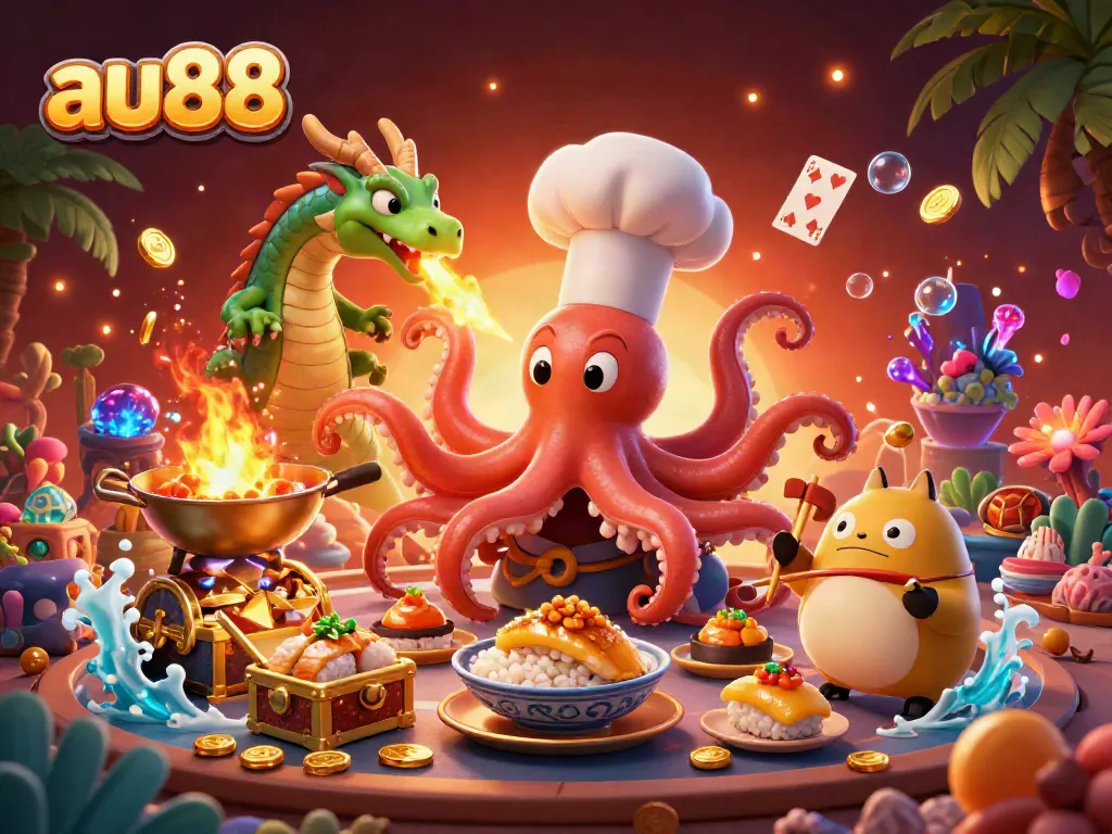 Experience the thrill of gambling with au88 through this vibrant 3D illustration featuring dynamic casino elements and characters.