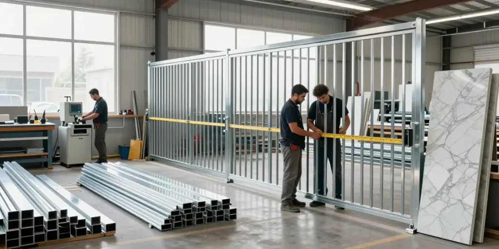 Al taher carepentry and aluminium workshop with craftsmen measuring and welding custom metal gates, showcasing industrial design and precision.