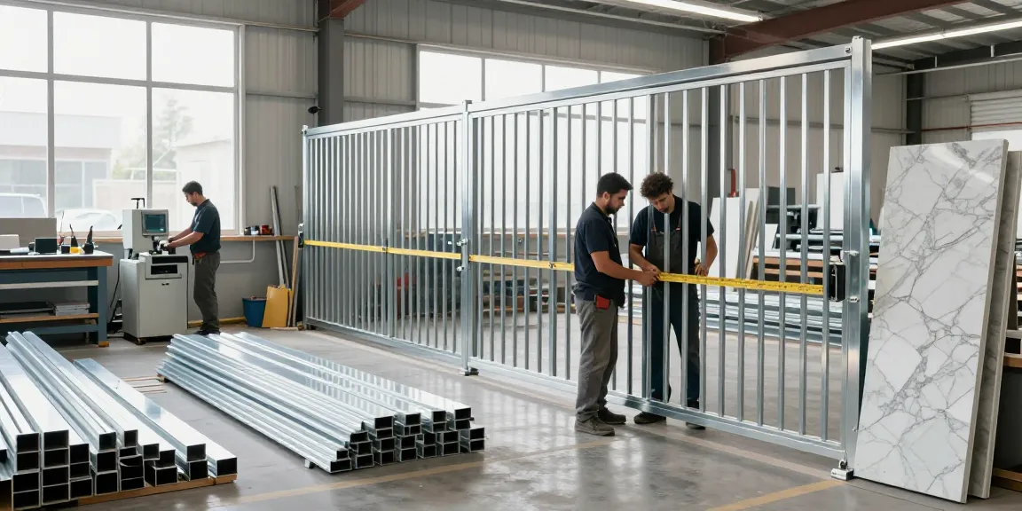 Al taher carepentry and aluminium workshop with craftsmen measuring and welding custom metal gates, showcasing industrial design and precision.