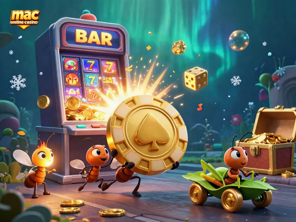 Engage in thrilling action at a mac online casino with playful cartoon ants and gold chips in a vibrant heist scene.