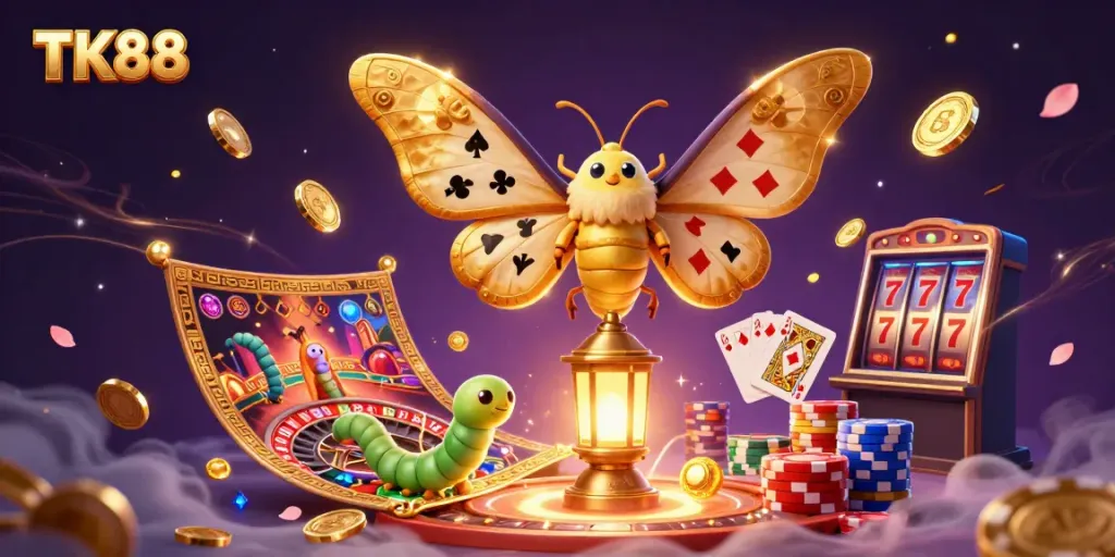 Engage with TK88's vibrant casino scene featuring a golden-winged moth soaring amidst sparkling games and winning elements.