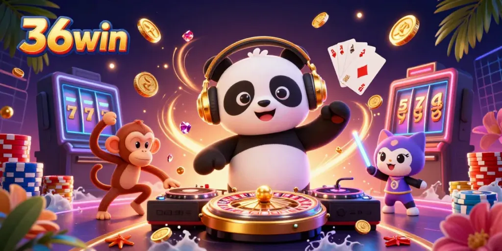 Engage in thrilling games at 36win with a vibrant casino scene featuring DJ panda and breakdancing monkey.
