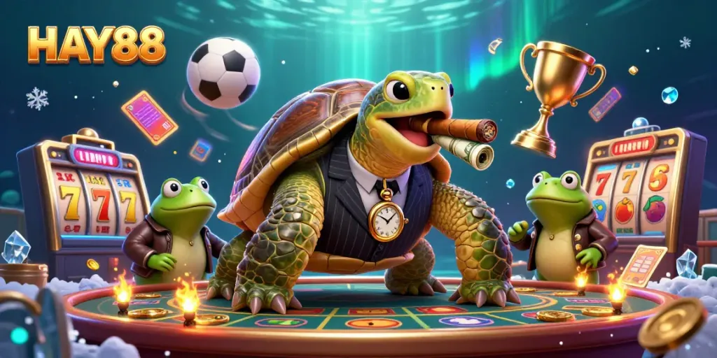 Engage with HAY88 through an ultra-detailed 3D scene featuring a cartoon turtle in casino style.