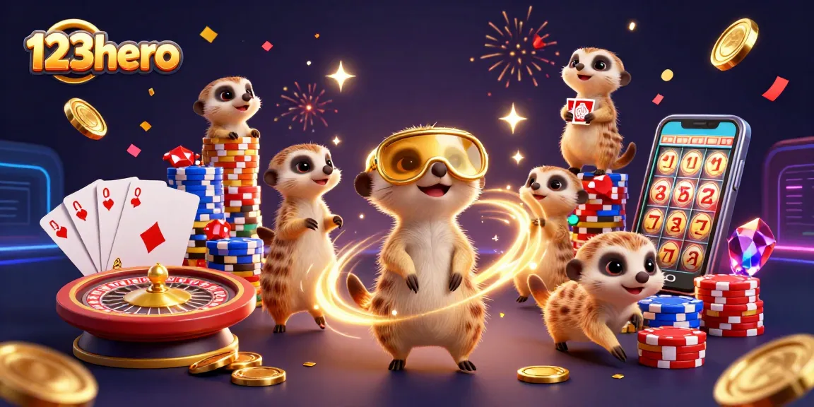 123hero meerkats orchestrate a vibrant casino heist, collecting chips amidst confetti and fireworks.