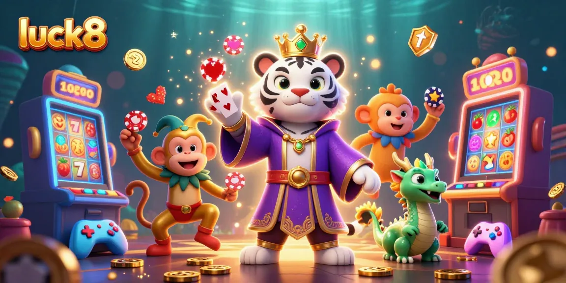 Experience the thrill of luck8 with vibrant game elements as a tiger, monkey, and dragon cavort in a dazzling casino scene.