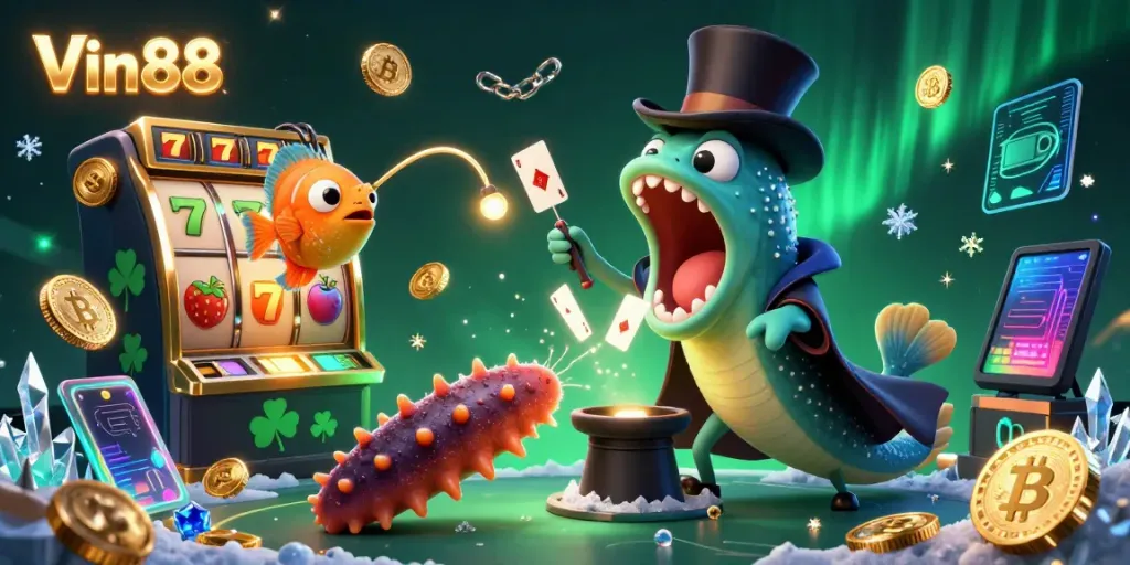 Engage with Vin88's vibrant casino scene featuring a magician eel performing card tricks amidst lively slot and crypto themes.