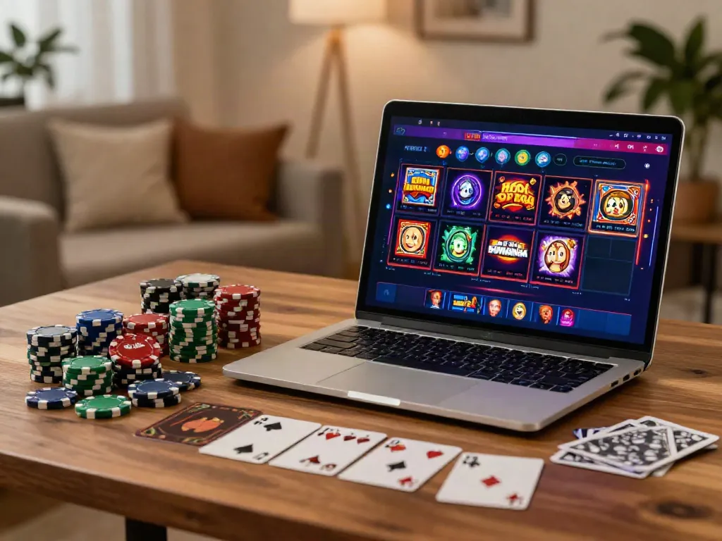 Engaging scene of best non GamStop casinos UK highlighted on a laptop, inviting players to enjoy diverse games.