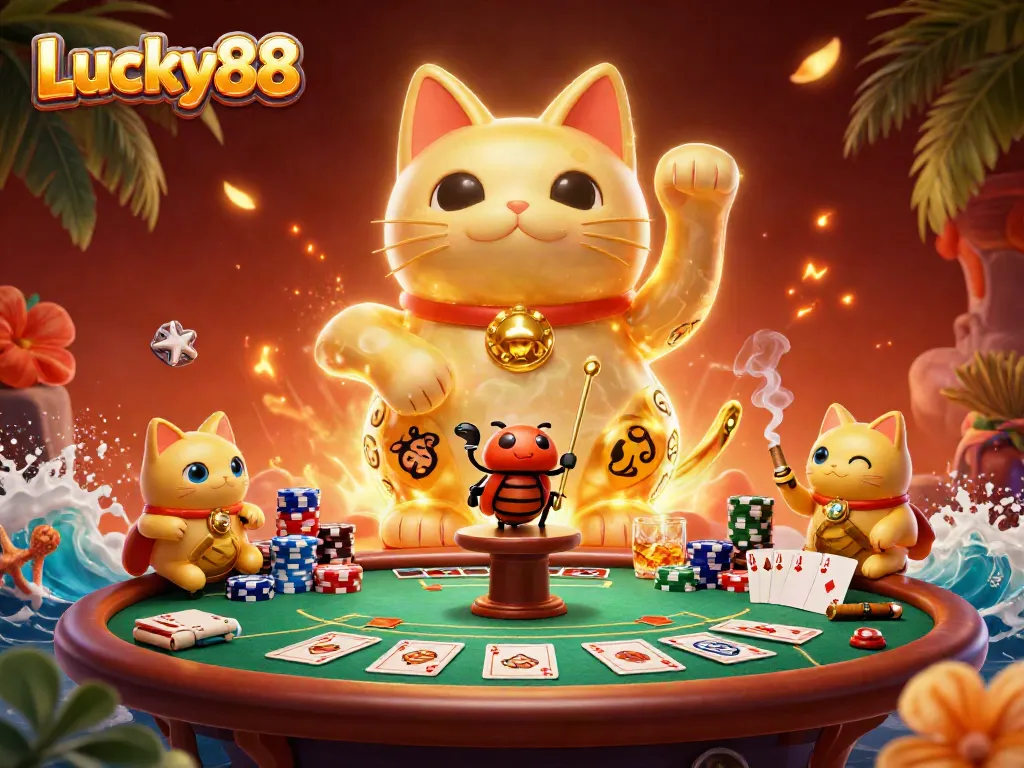 Experience the vibrant Lucky88 casino scene with a giant lucky cat and poker elements.