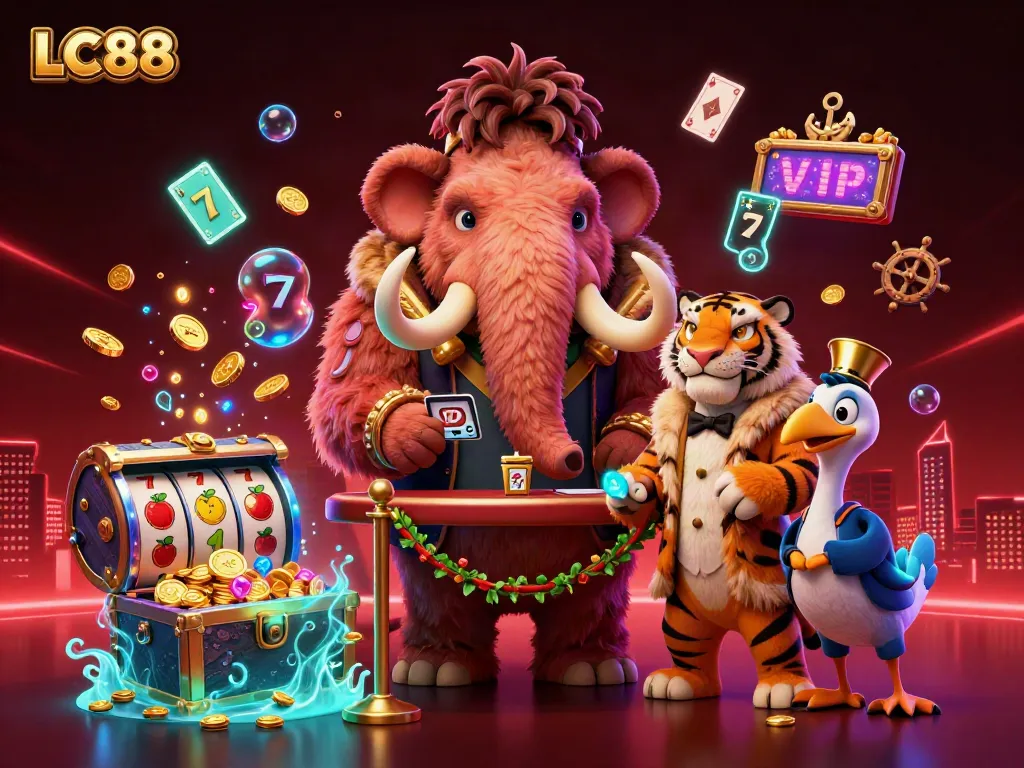 Experience the vibrant LC88 casino scene with a woolly mammoth bouncer and saber-tooth tiger VIP.
