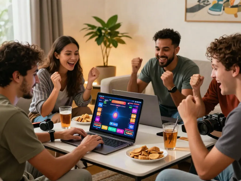 Friends enjoying the best non GamStop casinos UK online, celebrating wins with vibrant atmosphere.