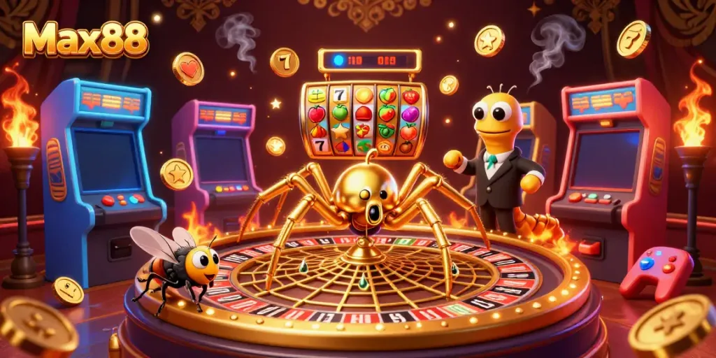 Experience thrilling Max88 moments with a golden spider and centipede croupier in a vibrant casino setting.