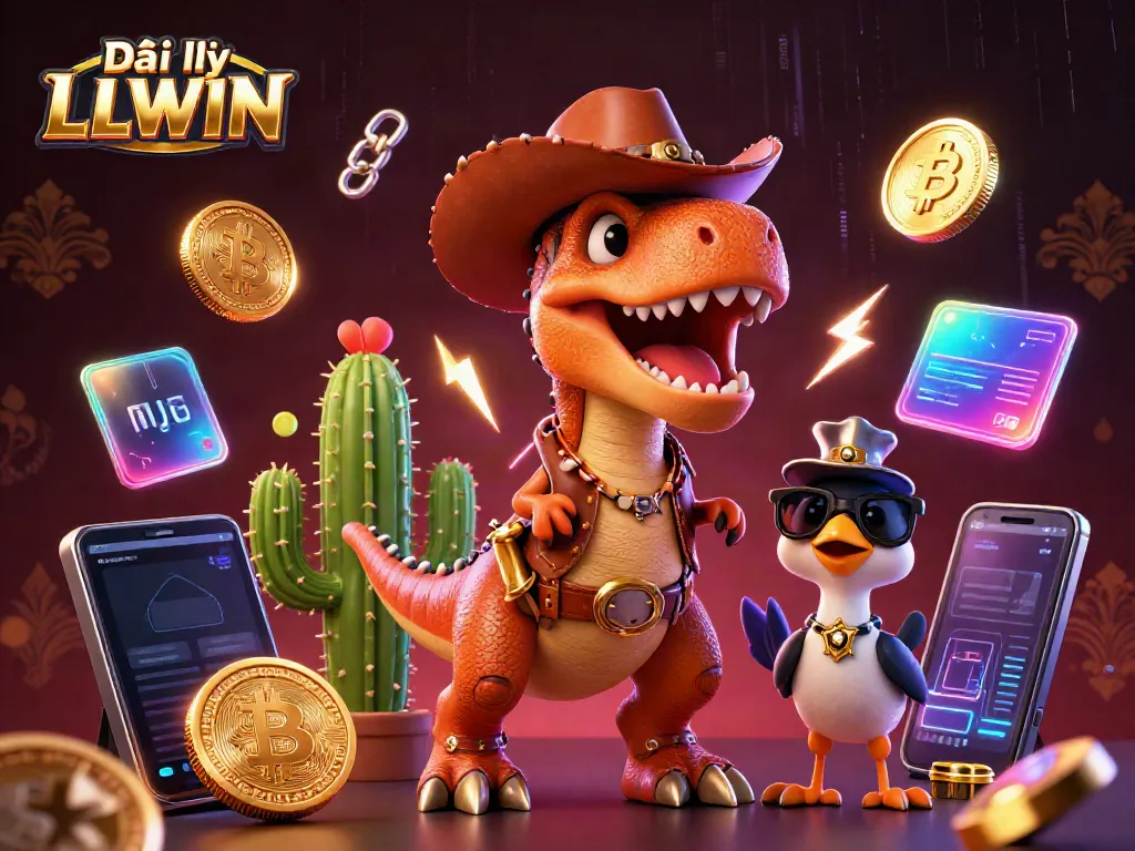 Engage with Đại lý LLWIN while exploring vibrant casino elements illustrated in a dynamic 3D scene.