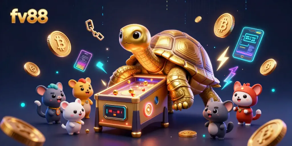 Experience exciting gaming adventures with fv88 at a vibrant casino scene featuring a colossal tortoise pinball.