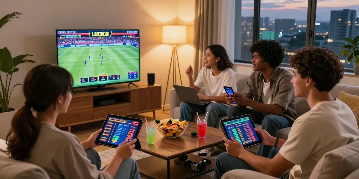 Friends enjoying a dynamic online gambling experience with LUCK8 on multiple devices in a cozy living room.