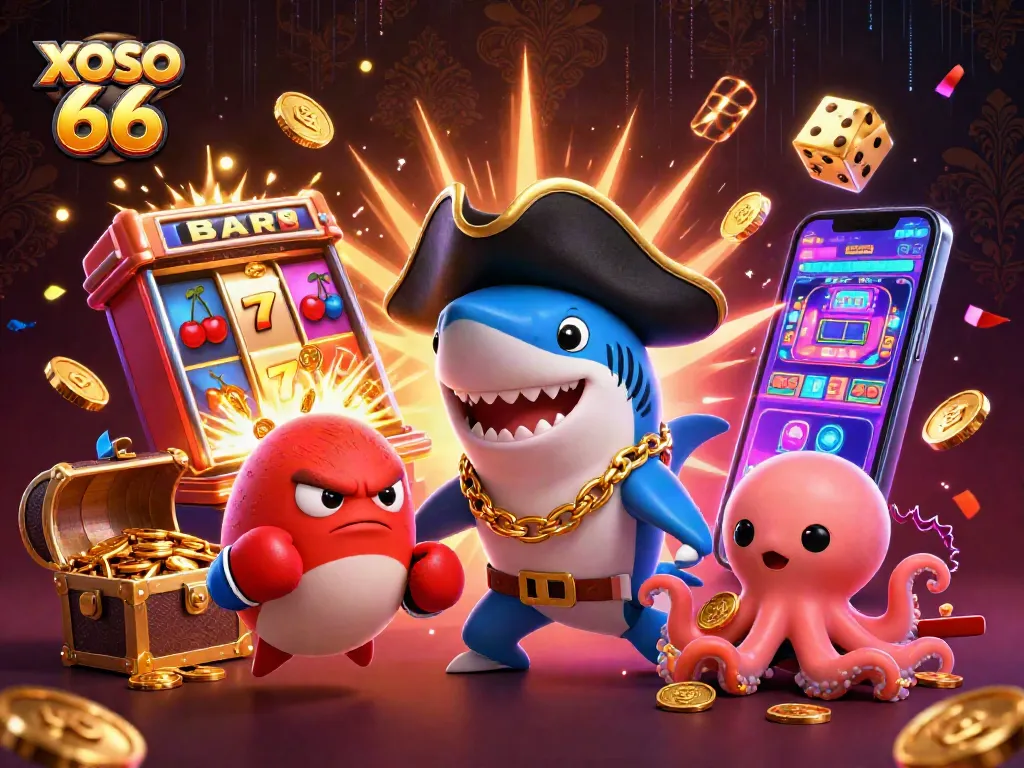 Engage with XOSO 66 through a vibrant slot machine adventure featuring dynamic casino elements.
