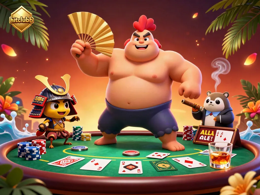 Engage in thrilling poker action with hitclubb as a sumo wrestler rooster, samurai cricket, and a tanuki announcer set the stage.