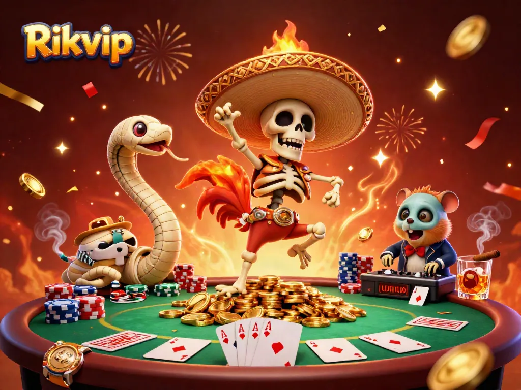 Engage in a winning dance at Rikvip with a mariachi rooster, golden coins, and vibrant casino atmosphere.