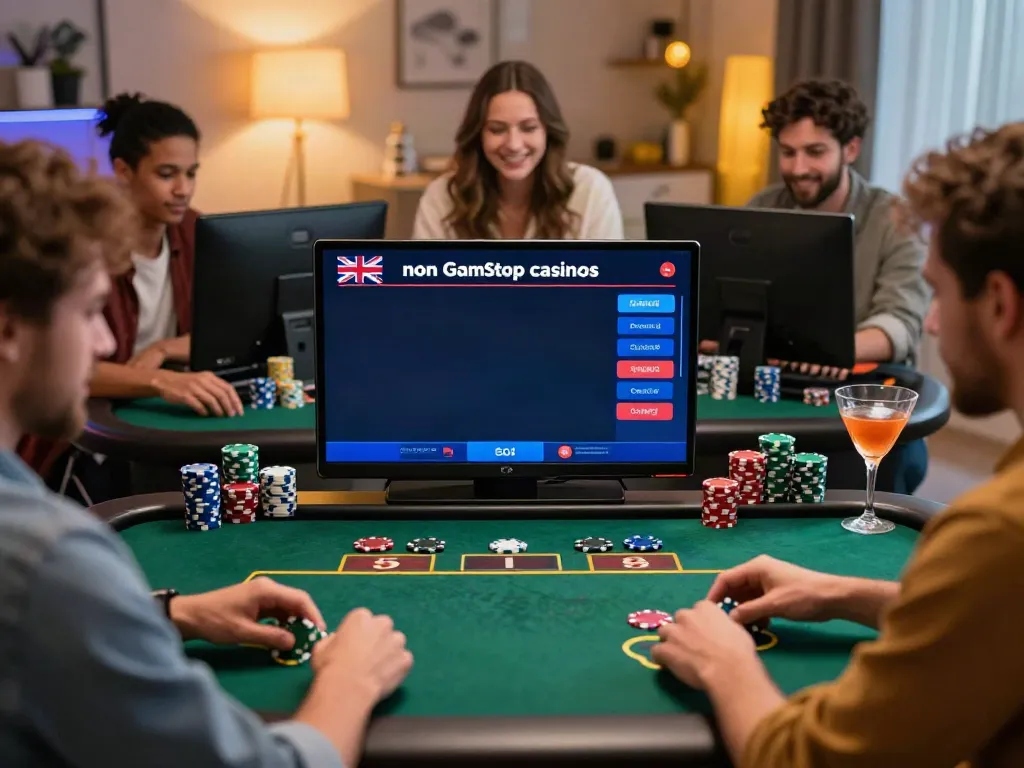 Exciting scene of players at the best non GamStop casinos UK enjoying online gaming in a stylish living room.