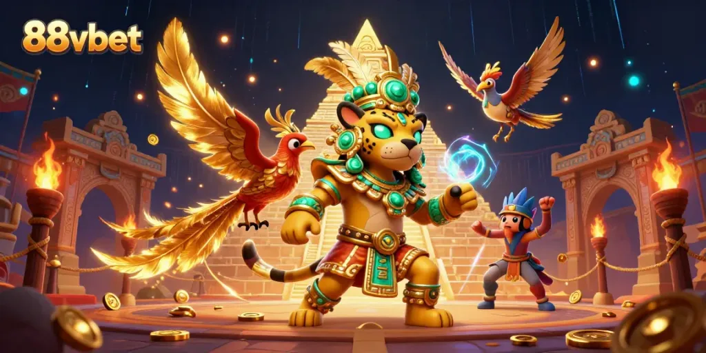 Engage with excitement at 88vbet featuring a Mayan priest and quetzal bird in a vibrant digital casino setting.