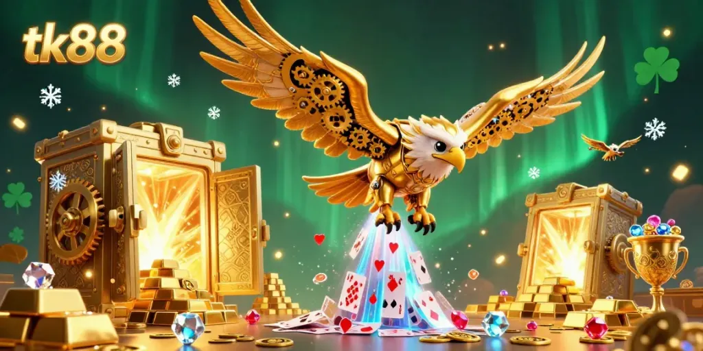 Experience a thrilling tk88 casino adventure with cybernetic eagle and endless treasures.