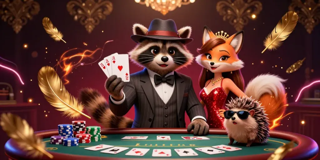 TK88 poker illustration featuring raccoon and fox in a casino setting.