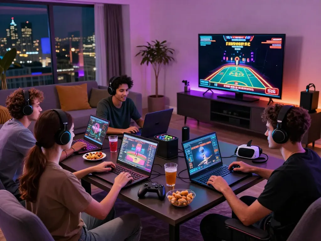Best non GamStop casinos UK gaming setup with friends enjoying thrilling games in a vibrant lounge.