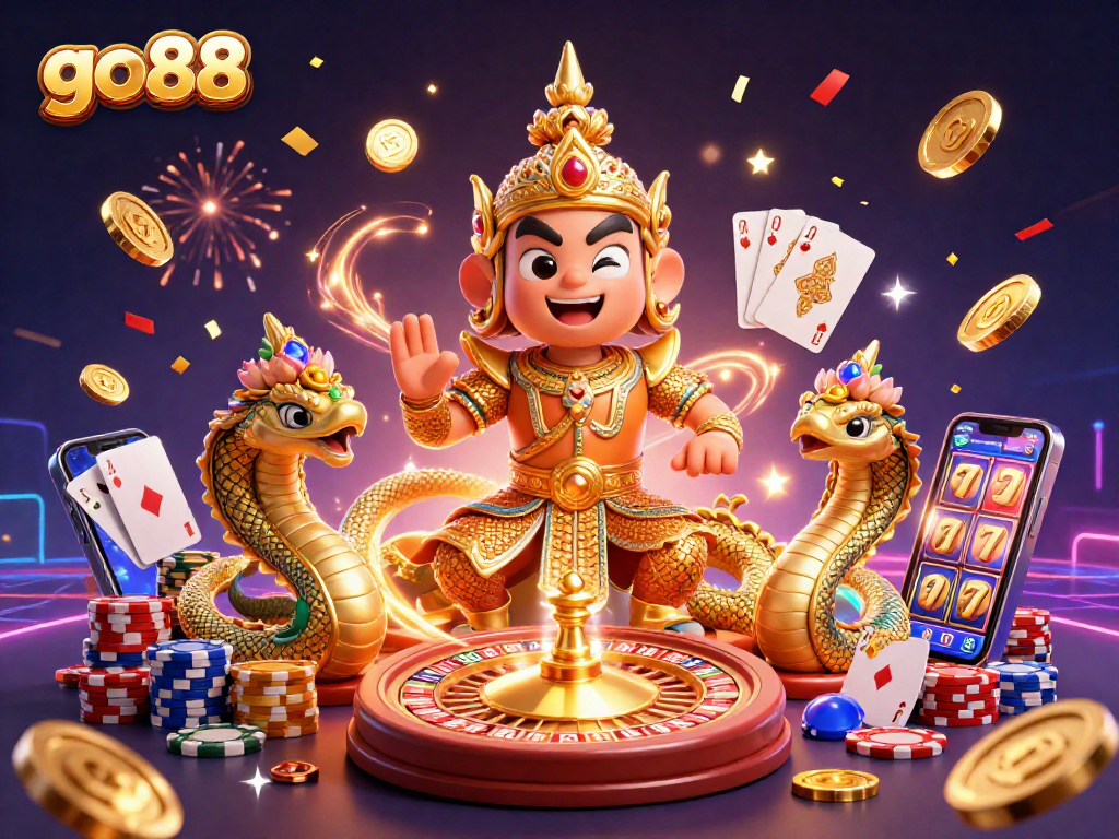 Experience the excitement of go88 with a vibrant 3D illustration of casino characters and games