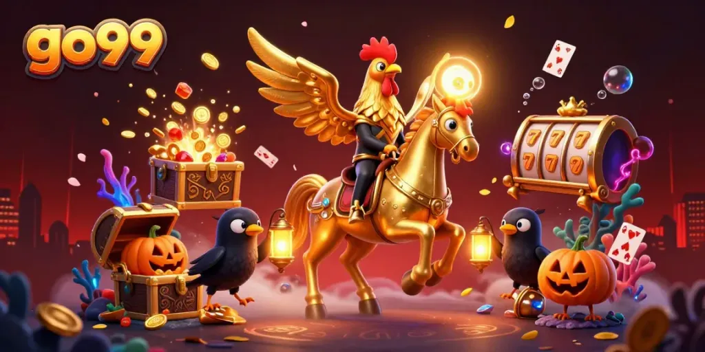 Experience thrilling gameplay at go99 with a golden rooster and companions in a vibrant casino.