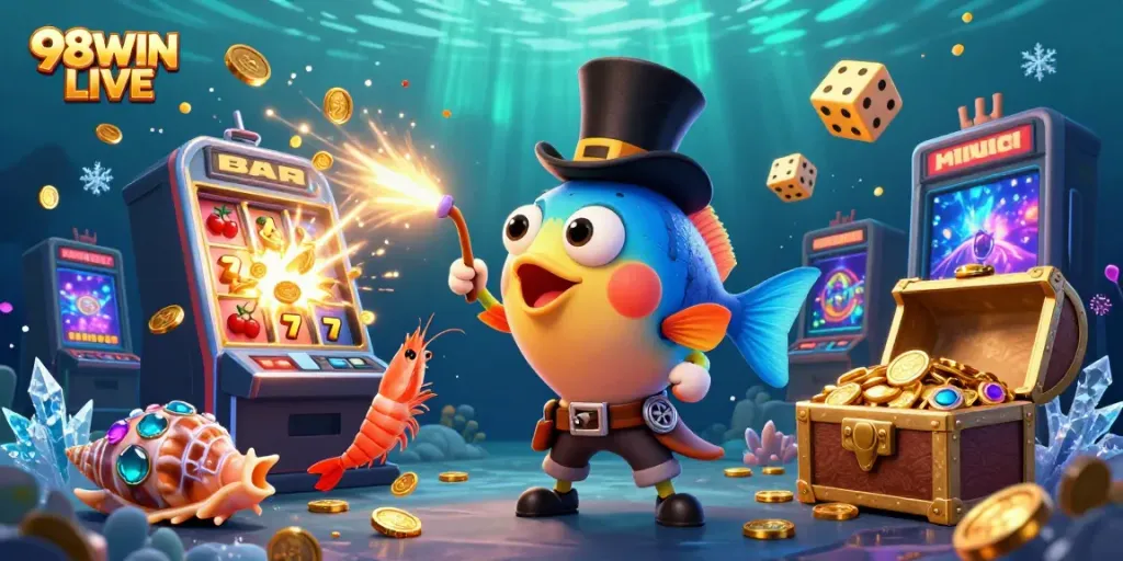 Engage with 98WIN LIVE in a vibrant underwater casino scene filled with treasure and excitement.