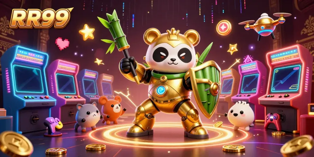Experience the excitement of RR99 with a golden panda mech battling in an electrifying casino arcade.