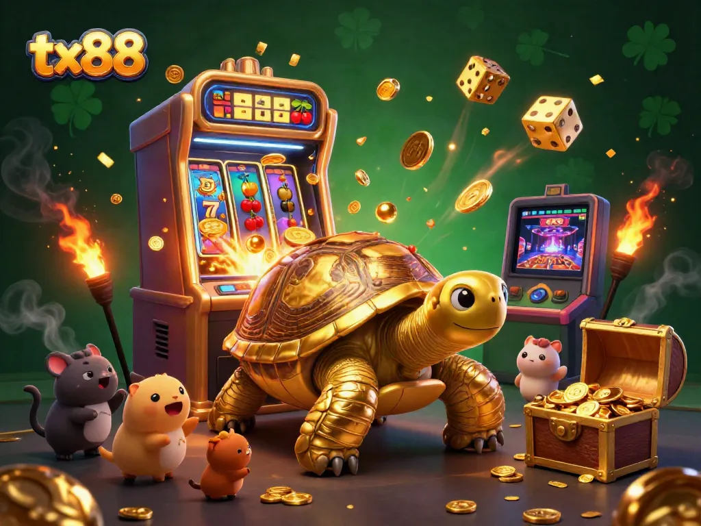Experience thrilling gaming excitement with tx88, featuring a colossal golden tortoise pinball machine and jackpot elements.