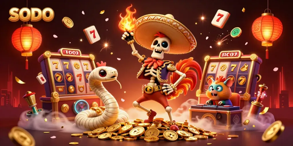 Engaging SODO illustration depicting a casino-themed victory celebration with vibrant characters and elements.