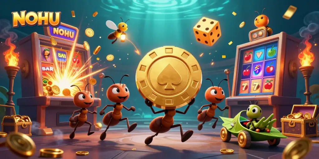 Engage with the NOHU casino adventure as ants strive for jackpot glory amid vibrant 3D illustrations.