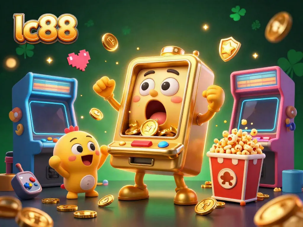 lc88 celebrates big wins with a golden slot machine hitting the jackpot and coins pouring out while cheering baby slots and popcorn.