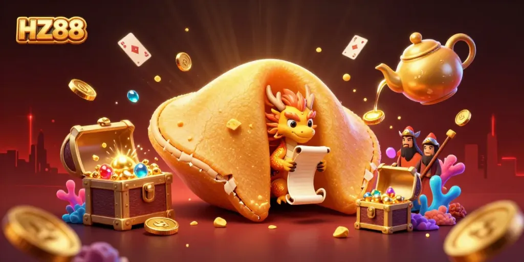 Experience the thrill of HZ88 as the golden fortune cookie reveals treasures and game excitement.