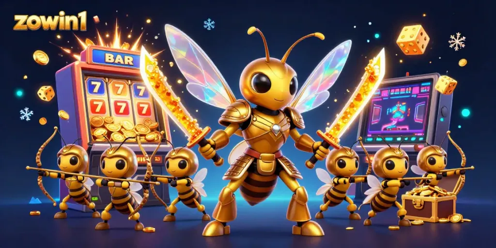 Experience Zowin1's thrilling slot adventures in an exciting 3D casino scene filled with vibrant symbols and dynamic characters.