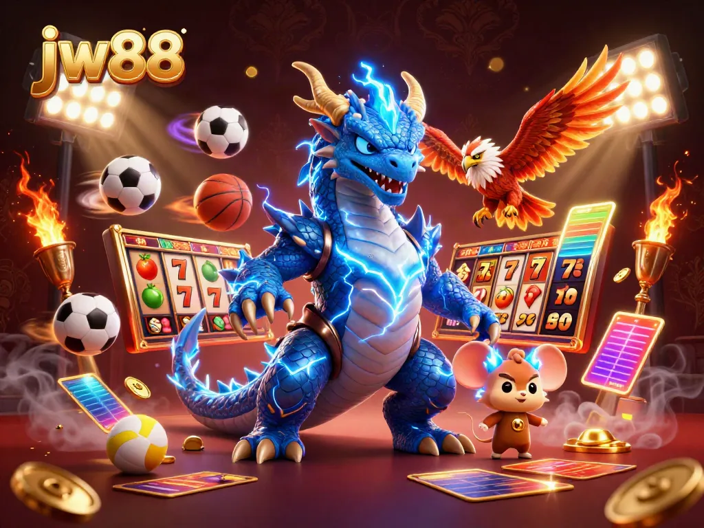 Engage in exciting jackpots with jw88 featuring a dragon, hawk, and static-filled mascot amidst rich casino elements.