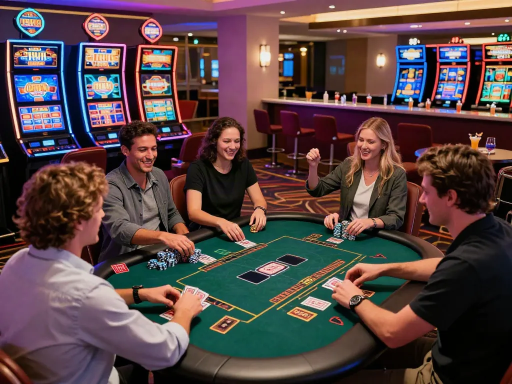 Best non gamstop casinos UK lively gaming scene with players enjoying table games and slots