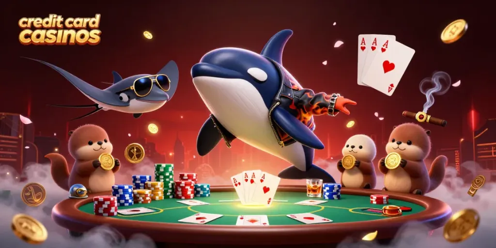 Experience thrilling action at credit card casinos with animated sea creatures engaging in gaming.