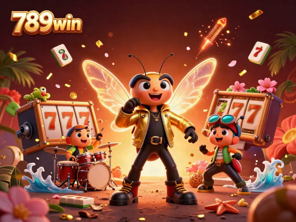 Experience the thrill of 789win through an energetic casino scene with cartoon characters and slot reels.