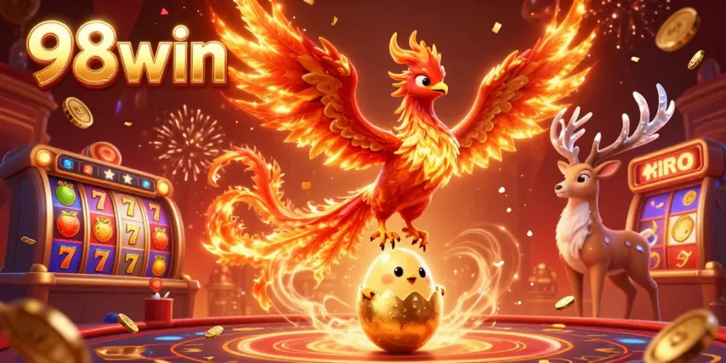 Experience exhilarating jackpots with 98win in a vibrant casino scene featuring a fire phoenix and magical elements.