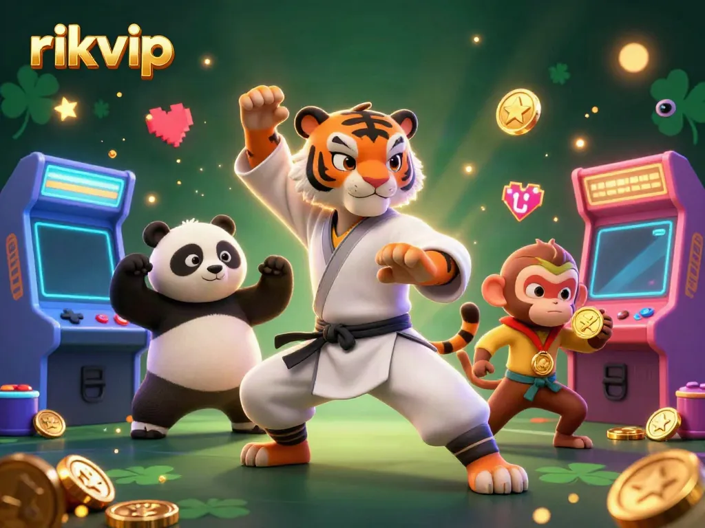 Experience thrilling games at rikvip, featuring dynamic 3D characters in an exciting casino-themed scene.
