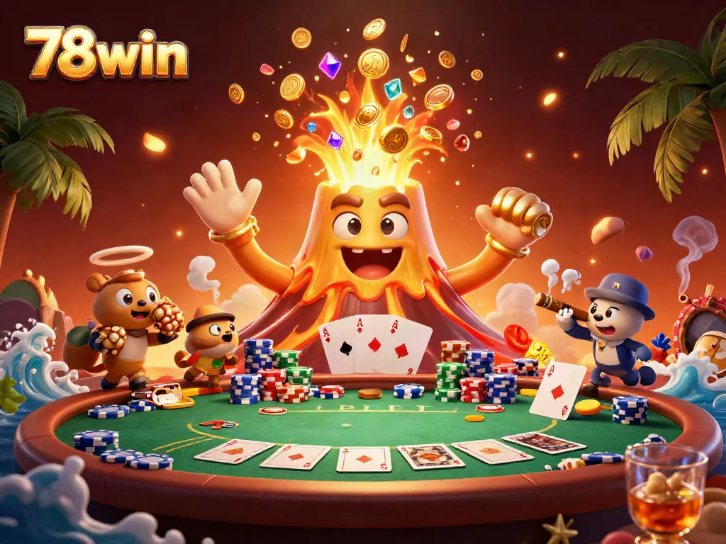 Engage with the vibrant world of 78win as a volcano of golden coins erupt amid thrilling poker elements.
