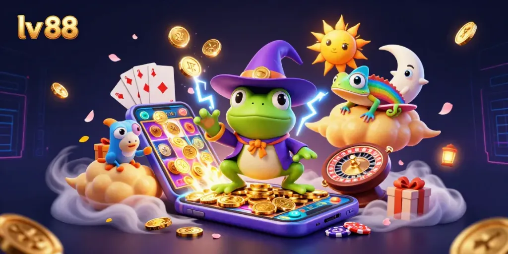 Engage with lv 88's vibrant casino world featuring a weather wizard frog amid golden coins and exciting game elements.