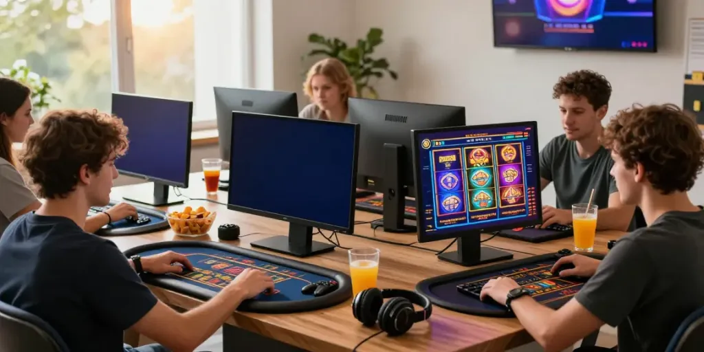 Players engaging with the best non gamstop casinos UK in a vibrant home gaming setup.
