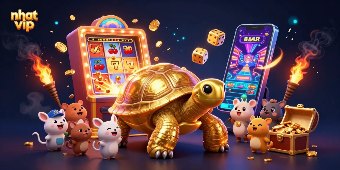 Nhat vip players engage with an exciting golden tortoise pinball machine amidst a vibrant casino scene.