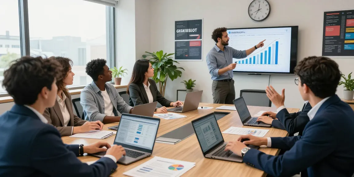 Diskusi tim di kantor modern mengenai GEGESLOT dengan grafik pertumbuhan dan kerjasama efektif